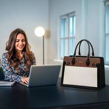 Laptop Bag Women 15.6 Inch Work Tote, Business Computer Briefcase, Waterproof PU Leather Tote Bag Teacher, Office Shoulder Tote Purse - 17吋+黑白棕 - 查看 6