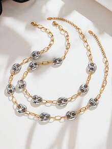 1pc Stainless Steel Bicolor Pig Nose Thick Chain Necklace, Fashionable & Versatile Jewelry - Pig Nose Necklace - View 3