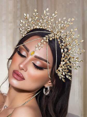 1pc Luxurious Bridal Crown Headband, Rhinestone Decor, Tassel Chain Hair Accessory, Fashion Wedding Party Festival Costume