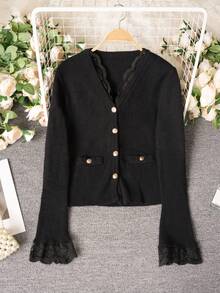 蕾丝V领金属纽扣开衫，时尚优雅的针织上衣，可作为外套或单独穿着 - 黑色 - 查看 2