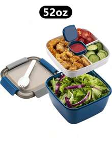 一套多功能沙拉碗 - 包括一个大沙拉碗、一个便当盒托盘、一个防漏酱料盒、一个密封盖和一个叉子，适合健康成人午餐；可放入洗碗机/微波炉，厨房必备，圣诞礼物，适合所有人 - 藍色1.5L - 查看 2