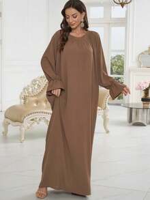 1pc New Soft Floral Sleeve Muslim Dress Without Hijab, Elegant Pleated Collar Design, Classic Versatile Abaya, Suitable For All Seasons