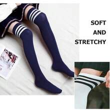DRESHOW 3 Pairs Thigh High Socks Striped Over Knee Thin Tights Long Stocking Knee High Leg Warmer{"Color_name":"3PairsC:White/Black/NavyBlue"} - 多色4 - 查看 8