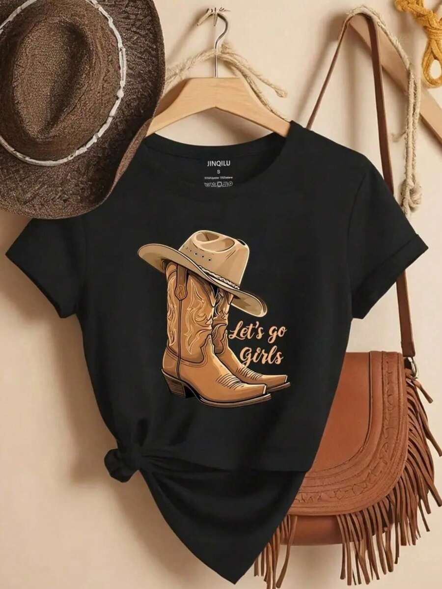 Playera camiseta mujer dama cuello redondo manga corta estampado GRAFICO DE VAQUERA COWGIRL BOTAS GIRLS GRAPHIC - Negro - Ver 1
