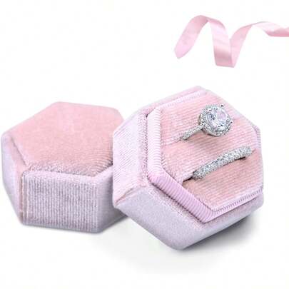 Hexagon Velvet Ring Box, Gorgeous Vintage Ring Display Holder With Double Slots, Ring Box Proposal Engagement Wedding Ceremony (Pink)