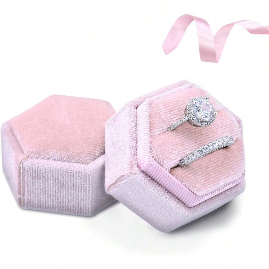 Hexagon Velvet Ring Box, Gorgeous Vintage Ring Display Holder With Double Slots, Ring Box Proposal Engagement Wedding Ceremony (Pink) - Hồng - Xem 1