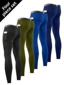 4 - Pack Men's Compression Leggings With 2 Side Pockets, Soft Quick - Dry Breathable High - Elastic Pants For Fitness, Yoga, Running, Cycling, Ball Sports - Multicolor - View 2
