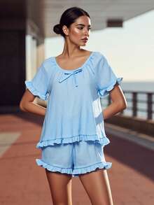 Women's Summer Lounge Set Short Sleeve Scoop Neck Ruffle Trim Tops Shorts Sleepwear - 藍色 - 查看 10