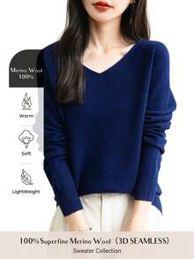 Women's 100% Merino Wool V-Neck Long Sleeve Knit Sweater, Warm And Soft Pullover Top For Autumn/Winter - Navy Blue - View 2