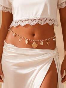 1pc Women's Starfish & Shell Zinc Alloy Beach Body Chain, Summer Ocean Style - Multicolor - View 1