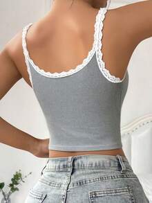 1pc Lace Patchwork Camisole Top For Women, Casual Soft & Comfortable Autumn/Winter Undershirt, Slim Fit Sleeveless Shirt - Grey - View 4