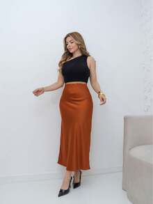 YING ZI Elegant Mode Midi Social Skirt - Rỉ Nâu - Xem 3
