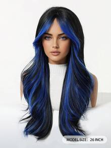 Multicolor Synthetic Wig With Bangs Black Mix Blue Long Natural Curly Wig For Women Daily Party Cosplay Christmas Wigs For Girls For Halloween And Christmas New Year Carnival Music Festival Cosplay ,Gifts For Girls,Summer Graduation Gifts,Ready-Made Gifts,Halloween Christmas Gifts - 挑染藍色 - 查看 5