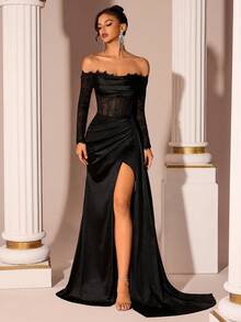 Women's Elegant Off Shoulder Long Sleeve Lace Patchwork Sheer Slit Long Tie Back Dress, Suitable For Prom, Party, Birthday, Date Night, Homecoming, Wedding Guest, Formal Dinner