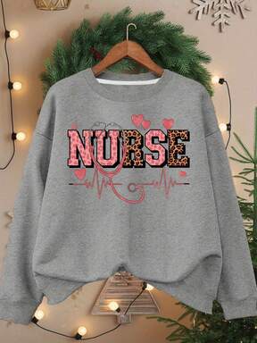 2025Plus Size Nurse Themed Sweatshirt, 100% Polyester Knit Fabric, Crew Neck, Long Sleeve, Regular Length, Casual Style, Geometric Pattern, Non-Stretch, For Fall/WinterSoft And Breathable
