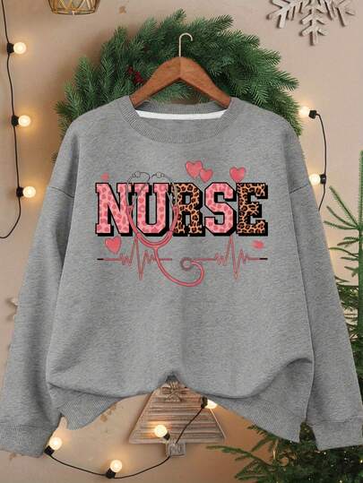 2025Plus Size Nurse Themed Sweatshirt, 100% Polyester Knit Fabric, Crew Neck, Long Sleeve, Regular Length, Casual Style, Geometric Pattern, Non-Stretch, For Fall/WinterSoft And Breathable