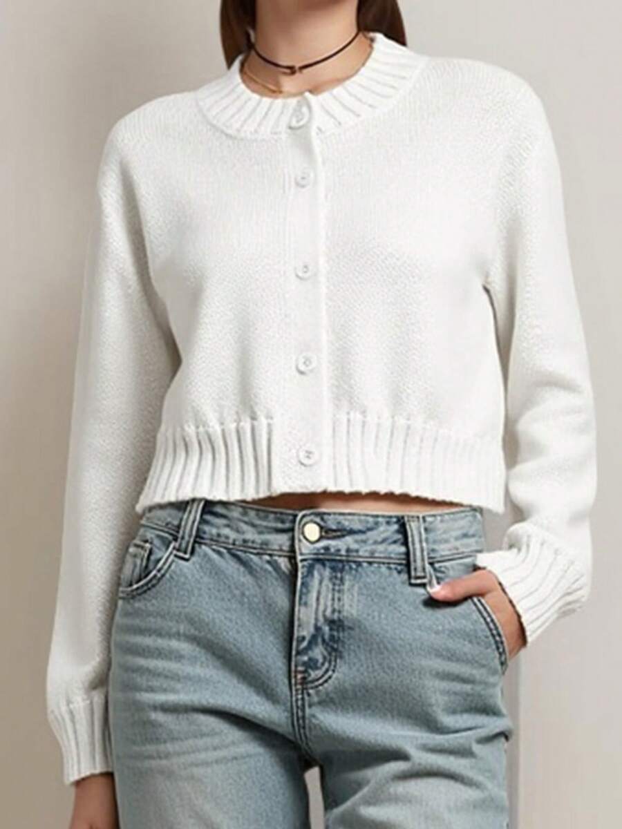 Women's Button Down Crop Cardigan Solid Color Long Sleeve Round Neck Sweater For Fall - White - View 1