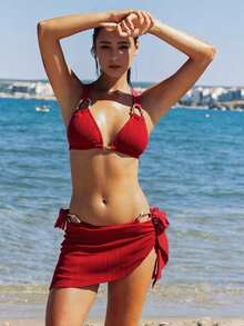Women's Red Ribbed Bikini With Metal Ring Detail & Sarong Skirt 3 - Piece Set - Swimwear For Vacation, Beach & Holiday Outfits - Red - View 1