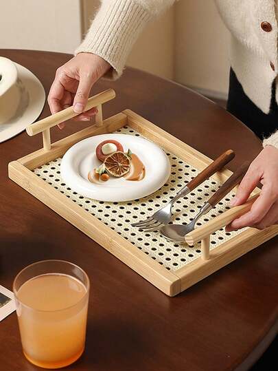 1pc Vintage Style Wooden Tray, Elegant High-Quality Rectangular Plate For Tea, Snacks, Home Use, Tabletop Storage, Portable Fruit Basket