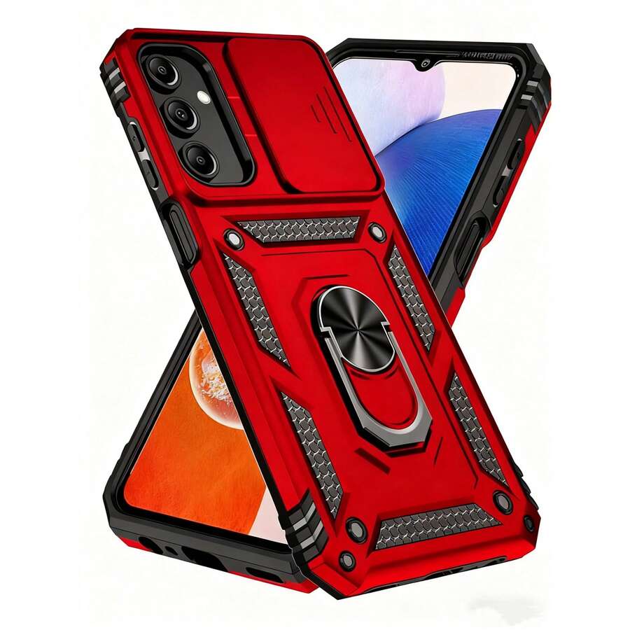 军规级防震时尚红色手机壳，兼容三星Galaxy A55 A36 A26 A16 A54 A34 A14 A15 A05 5G，带滑动摄像头盖和内置360度旋转指环支架，磁吸式防震设计，也适用于Galaxy S25 S24 S23 S22 S21 S20 Plus Ultra FE，国际版，非国内版，商务礼品
