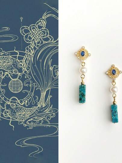 1 对复古新中式风格耳环，采用 925 银针材质，玻璃珍珠，镶嵌锆石和天然石，波西米亚风格耳环，适合女性日常和派对佩戴