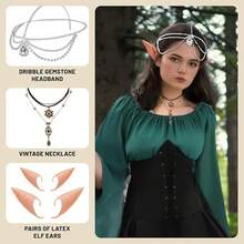Complete 6-Piece Enchanted Forest Elf Costume For Women, Medieval Renaissance Fairy Dress Set With Accessories For Halloween & Cosplay - 綠色,黑色 - 查看 3