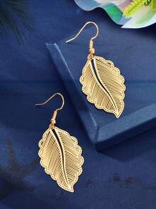 Metal Leaf Drop Earrings - Yellow Gold - View 4
