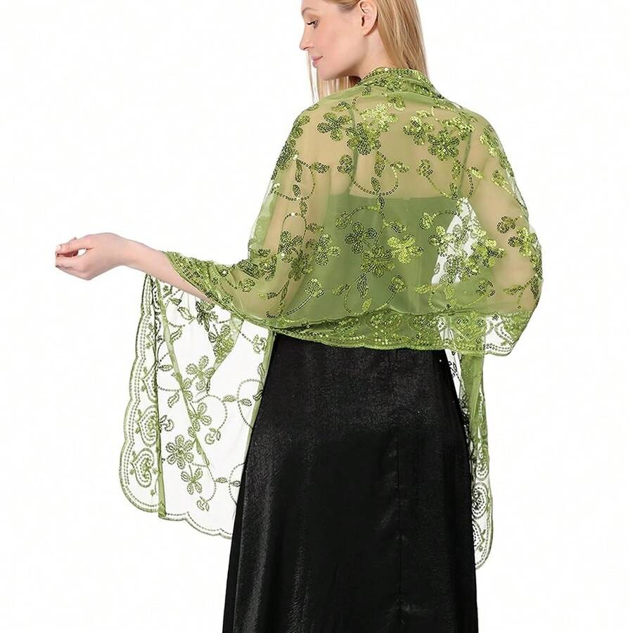 Shawls And Wraps For Evening Dresses,Women Formal 1920s Sequin Flower Sheer Shawls And Wraps For Wedding-{"Color_name":"Green"} - 綠色 - 查看 1