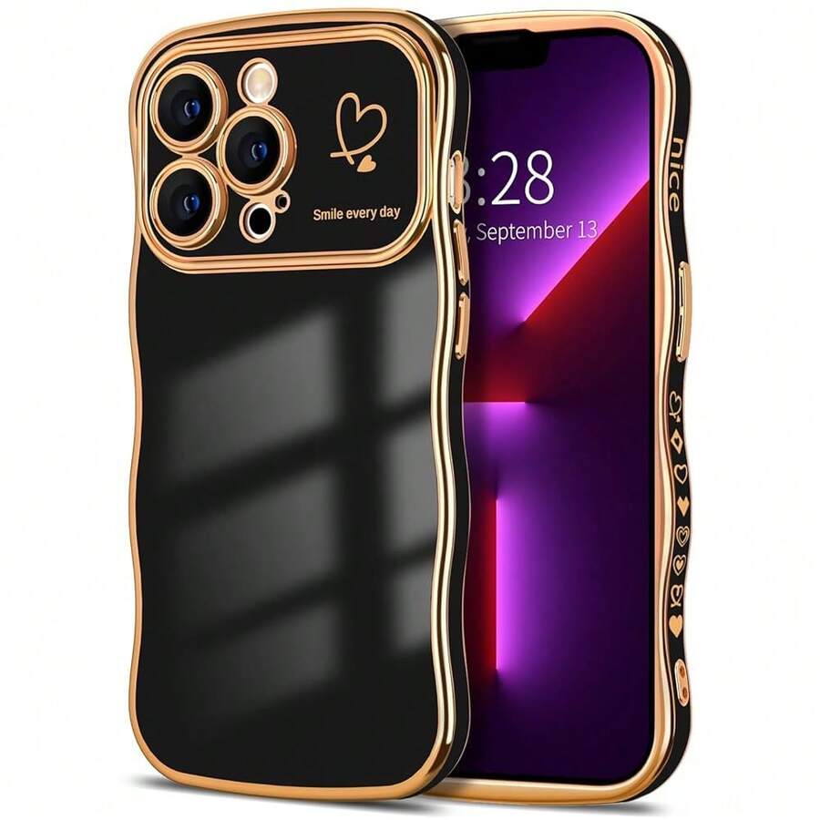 For IPhone 13 Pro Case Wave Wavy Phone Cases With Love Heart, Luxury Plating Edge Cute Curly Shape Cover For Women Girls, Thin Slim Soft TPU Rubber Shockproof Protective Cover, Black{"Color_name":"Black","Size_name":"ForiPhone13Pro-6.1inch"} - 多色5 - 查看 1
