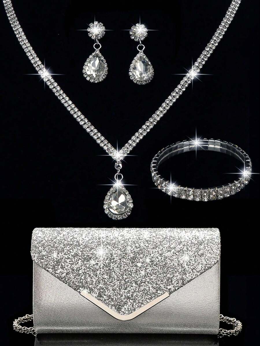 Women's Rhinestone Jewelry Sparkling Luxury Rhinestone Jewelry Set Sparkling Necklace Earrings Bracelet Set Silver Sparkling Glitter V-Shaped Metal Flip Envelope Bag Fashion Banquet Bag Handbag Wallet Handbag Elegant Handbag Banquet Bag Handbag Women's Ball Handbag Women's Bridal Banquet Bag Ball Handbag Metal Chain Handbag Wedding Party Handbag Cocktail Party Wedding New Wallet Banquet Bag