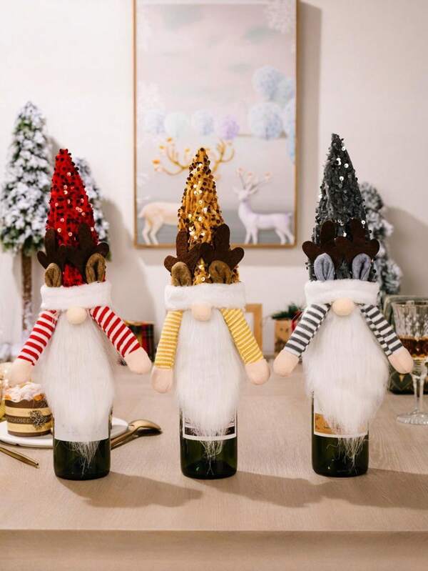 Conjunto de 1 peça de decoração natalina com chapéu de lantejoulas vermelho, amarelo e preto em formato de chifre de veado para garrafa de vinho. Ideal para decoração de festas de Natal e como presente. Perfeito para festas e eventos natalinos.