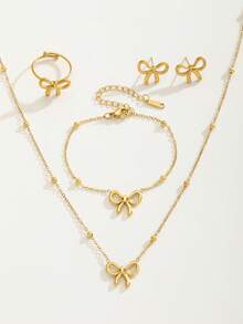 5件套优雅不锈钢金色蝴蝶吊坠项链、手链、耳环、戒指首饰套装，适合女孩日常佩戴和作为礼物 - 金色 - 查看 4
