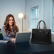 Laptop Bag Women 15.6 Inch Work Tote, Business Computer Briefcase, Waterproof PU Leather Tote Bag Teacher, Office Shoulder Tote Purse - 15.6吋+黑色 - 查看 6