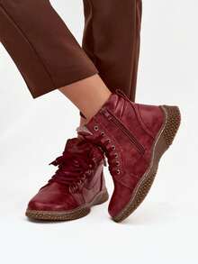 Botas de tobillo de invierno para mujer forradas con piel sintética Ulverina elegante de invierno con cordones y cremallera en rojo, beige y negro - Rojo - Ver 2