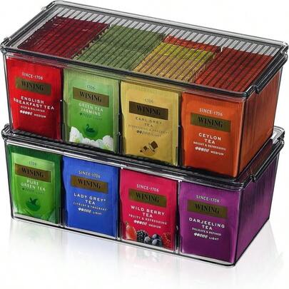 Lifewit 2 Pack Plastic Stackable Tea Bag Organizer, Divided Storage Bin Box For Kitchen Cabinets, Countertops, Pantry, Hold Coffee Pods, Sugar Packets, Condiments, 8 Sections
