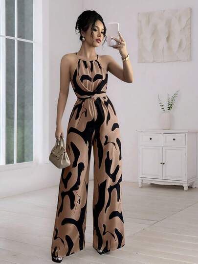 Palazzo Elegante,Monos De Mujer Con Cuello De Halter,Con Tela Estampada Y Fruncido,Elegante Para Vacaciones Y Uso Diario