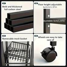 4-Tier Adjustable Metal Storage Rack With Wheels And 3 Baskets - Mobile Organizer For Kitchen, Pantry, Bathroom, Closet - Space-Saving Rolling Design, Housewarming Gift And Home Storage (Black) - 黑色 - 查看 6