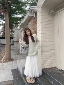 Patchwork Casual Mesh Splice Ribbed Relaxed Minimalist Tulle Skirt - Apricot - View 2