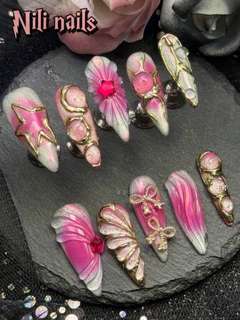 10 piezas de uñas postizas de tacón de aguja hechas a mano, uñas de gel decorativas 3D cromadas, set de uñas postizas de cobertura total Y2K para expresar tu amor, ojo de gato plateado y degradado de teñido anudado, gotas de agua con forma de estrella dibujadas a mano combinadas con un estilo bohemio con lazo