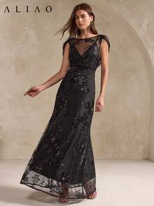 Đầm Aliao cổ chữ V phối lưới, thêu hoa và đính sequin, thanh lịch, thích hợp mặc hàng ngày, dự tiệc, đón năm mới, phong cách retro, ngày Valentine, dự đám cưới, đầm mùa xuân, đầm dự tiệc duyên dáng, đầm maxi đen mùa hè. - màu đen - Xem 4