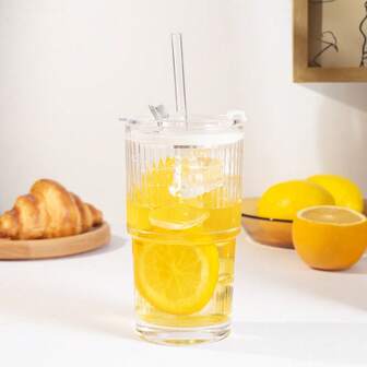 1个420毫升/14盎司透明条纹玻璃杯，带吸管和盖子，便携简约风格水杯，ins风高颜值，适合饮用咖啡、茶、牛奶、冰美式和拿铁等饮品，适合家庭聚会、派对、节日送礼。