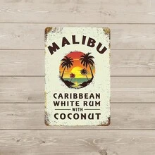 1 Malibu Caribbean White Rum And Coconut Tree Antique Metal Sign - Tropical Beach Sunset Mural, Suitable For Home Bar, Cafe, Garage, Kitchen, Club, Outdoor Decoration - Durable Metal Poster - 8 inch * 12 inch / 20 cm * 30 cm - Xem 1