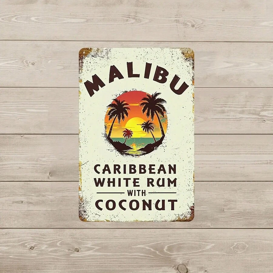 1 Malibu Caribbean White Rum And Coconut Tree Antique Metal Sign - Tropical Beach Sunset Mural, Suitable For Home Bar, Cafe, Garage, Kitchen, Club, Outdoor Decoration - Durable Metal Poster - 8 inch * 12 inch / 20 cm * 30 cm - Xem 1