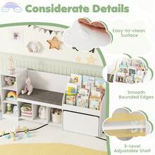 Wooden Kids Bookshelf W/Reading Nook Padded Seat Open Cubes Adjustable Shelf - White - View 5