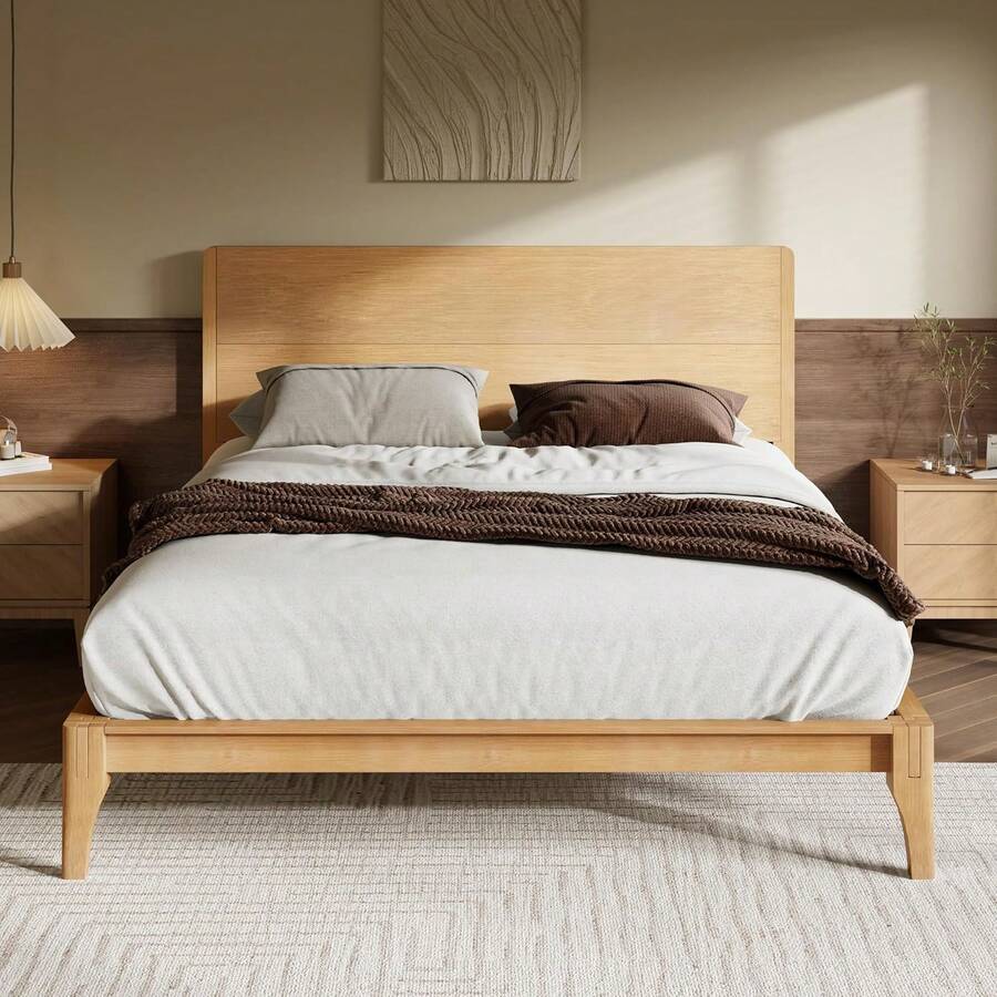 King Size Bamboo Platform Bed, Mid- Modern Bed Frame With Tall Headboard, Solid Bedframe King-Size, Wood Slat Support, No Box Spring Needed, Easy Assembly, Natural,23062670 - 銅色 - 查看 1