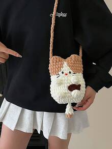 1 pieza Bolso bandolera de punto con diseño de dibujos animados de moda para otoño/invierno, bolso de hombro mini hecho a mano con parches y colores contrastantes, adecuado para atuendos diarios, fiestas, regalo de cumpleaños