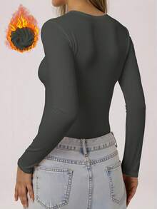 Women's Thermal Underwear Soft Solid Color T-Shirt Style Casual Home Skiing Warm Top For Winter - Dark Grey - View 3
