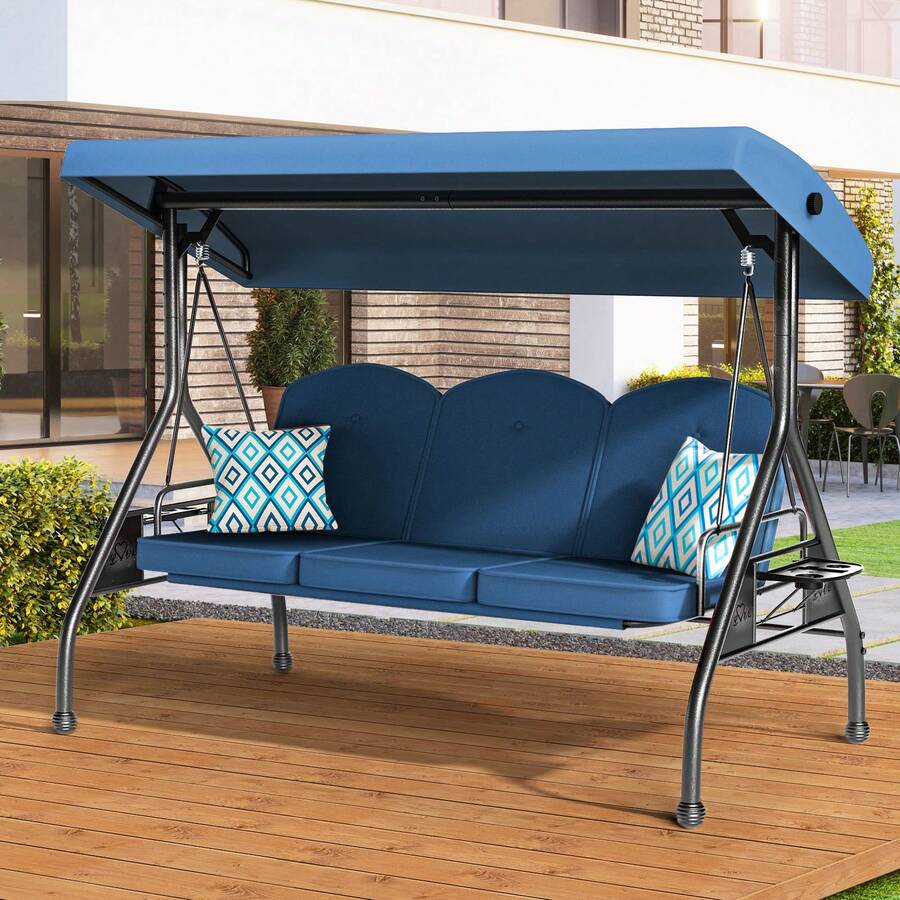 ZZW 3 Seat Outdoor Porch Patio Swing With Stand 800lbs 2-In-1 Convertible Swing Bed With Adjustable Canopy & Removable Cushion For Yard Garden Deck - 藍色 - 查看 1