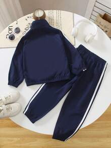 2 件套年轻男孩时尚半拉链漏斗领休闲运动校园风格海军蓝插肩袖夹克和侧条纹慢跑裤套装，2025 年秋季 - 寶藍色 - 查看 6