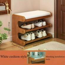 1pc Bamboo Shoe Bench With Shoe Rack, Freestanding Shoe Organizer Suitable For Hallway, Bedroom Or Balcony - White - View 9